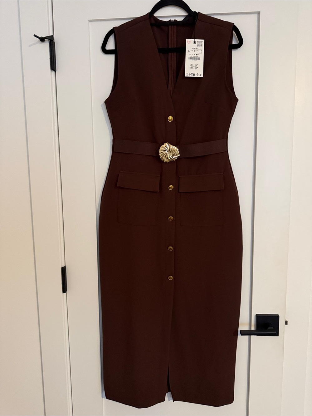 Zara Dark Brown Sleeveless Midi Dress with Gold Accent Belt